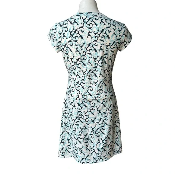 Athleta Nectar Blue White Scroll Vine Faux-Wrap Dress, Sz XS - Picture 3 of 12